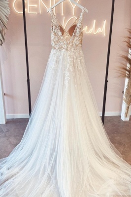 Elegant vneck sleeveless aline lace Wedding dresses_2