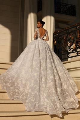 Princess vneck longsleeves ballgown lace wedding dress beading_2