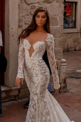 Elegant sweetheart longsleeves mermaid lace Wedding dresses_5