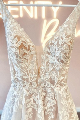 Simple vneck sleeveless aline lace Wedding dresses_3