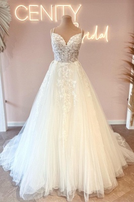 Glamorous spaghettistraps sleeveless aline lace Wedding dresses_1