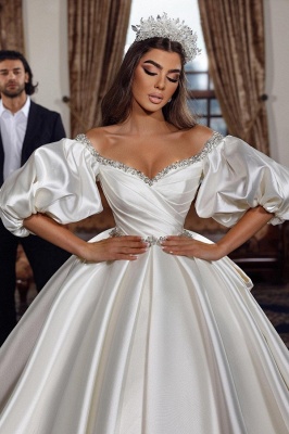 Luxury sweetheart halfsleeves ballgown satin wedding dress ruffles_2