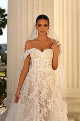 Elegant sweetheart capsleeves aline lace Wedding dresses_3