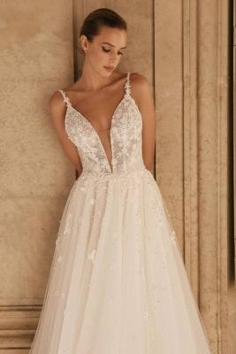 Elegant spaghettistraps sleeveless aline lace Wedding Dresses_3