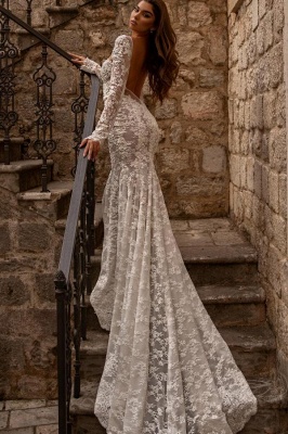 Elegant sweetheart longsleeves mermaid lace Wedding dresses_3