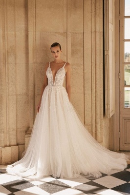 Elegant spaghettistraps sleeveless aline lace Wedding Dresses_1