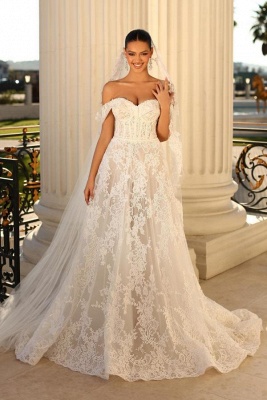Elegant sweetheart capsleeves aline lace Wedding dresses_1