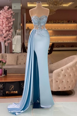 Blue Strapless Satin Prom Party Dress with Rhinestone Embellishment