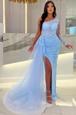 Chic One Shoulder Tulle Lace Floor Length Prom Party Dress