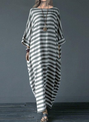 Gray Plus Size Tunic Stripe Round Neckline Casual Pockets Plus Dress_2