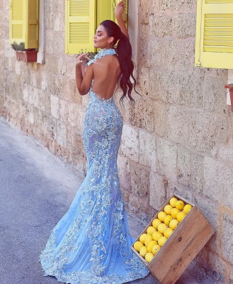 ZY082 Designer Evening Dresses Blue Long Lace Prom Dresses_4