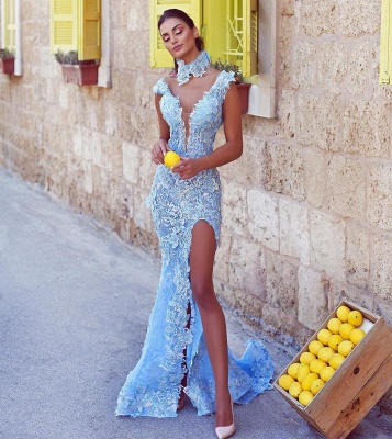 ZY082 Designer Evening Dresses Blue Long Lace Prom Dresses_2