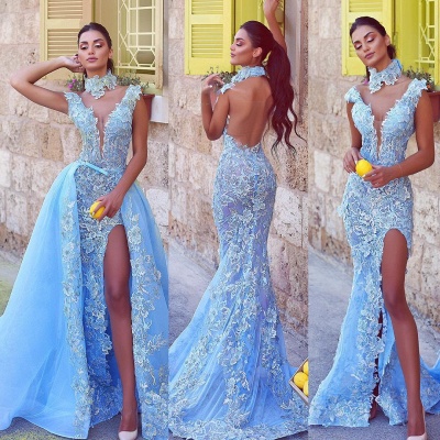 ZY082 Designer Evening Dresses Blue Long Lace Prom Dresses_3