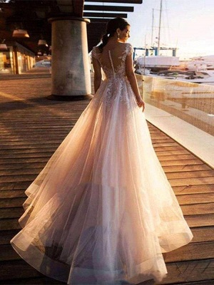 Chicloth O-Neck Appliques Lace A-Line Wedding Dresses_3