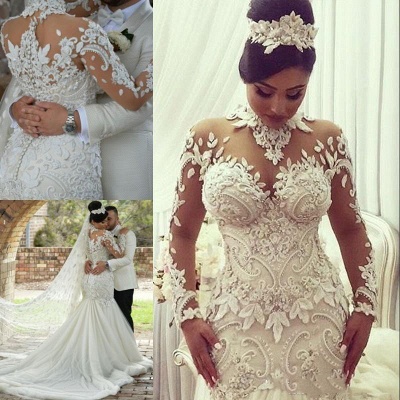 Exquisite Long Sleeves High Collar Mermaid Court Train Wedding Dresses with Appliques_4