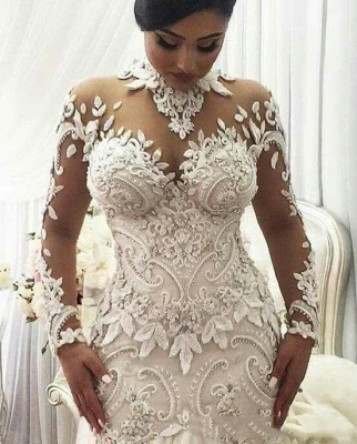 Exquisite Long Sleeves High Collar Mermaid Court Train Wedding Dresses with Appliques_2