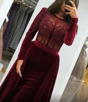 ZY051 Wine Red Evening Dresses With Sleeves Elegant Evening Wear Velvet Online_3