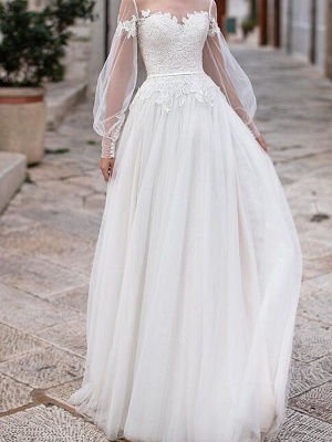 A-Line Wedding Dresses Jewel Neck Floor Length Lace Tulle Long Sleeve Country Plus Size Illusion Sleeve_1