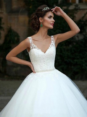 Ball Gown Wedding Dresses V Neck Court Train Lace Tulle Spaghetti Strap Country Illusion Detail Backless_5