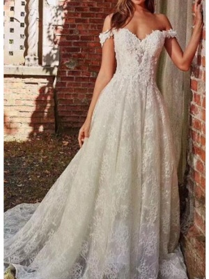 A-Line Off Shoulder Sweep \ Brush Train Polyester Cap Sleeve Country Plus Size Wedding Dresses_1