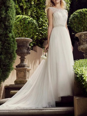 A-Line Wedding Dresses Jewel Neck Court Train Tulle Polyester Sleeveless Country Plus Size_1