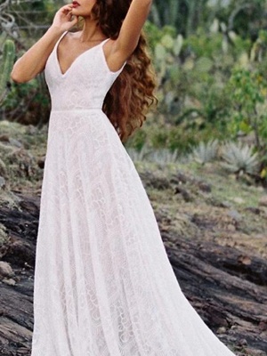 A-Line Wedding Dresses Spaghetti Strap Sweep \ Brush Train Lace Sleeveless Beach Vintage Sexy Wedding Dress in Color Backless_3