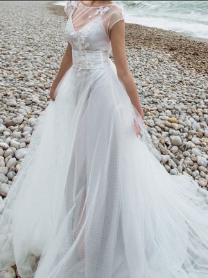 Two Piece A-Line Wedding Dresses Jewel Neck Sweep \ Brush Train Tulle Chiffon Over Satin Short Sleeve Country Plus Size_3