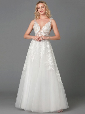 A-Line Wedding Dresses Plunging Neck Floor Length Lace Tulle Sleeveless See-Through_4