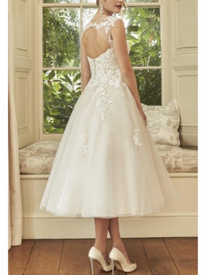 A-Line Wedding Dresses V Neck Midi Lace Tulle Regular Straps Formal Casual Vintage Illusion Detail Backless_2