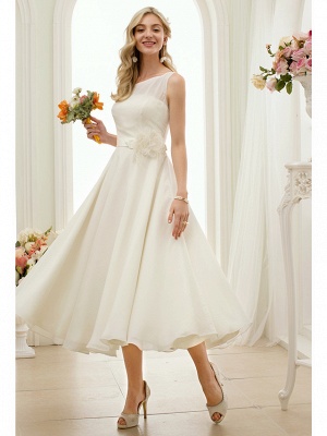 A-Line Wedding Dresses Bateau Neck Tea Length Chiffon Regular Straps Vintage Little White Dress 1950s_1