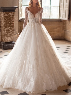 A-Line V Neck Court Train Lace Tulle Long Sleeve Plus Size Illusion Sleeve Wedding Dresses_1