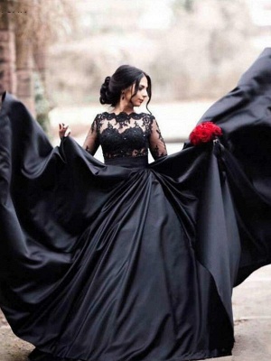 A-Line Bateau Neck Floor Length Lace Satin Long Sleeve Black Modern Illusion Sleeve Wedding Dresses_1