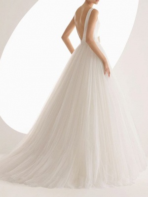 Ball Gown Wedding Dresses Bateau Neck Sweep \ Brush Train Satin Tulle Regular Straps Simple Backless_2