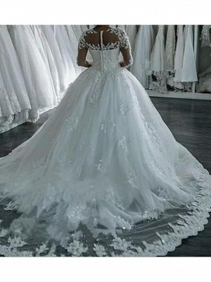 A-Line Wedding Dresses V Neck Sweep \ Brush Train Tulle Long Sleeve Formal Plus Size Illusion Sleeve_2