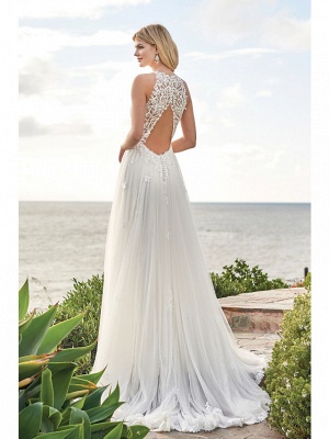 A-Line Wedding Dresses Jewel Neck Sweep \ Brush Train Chiffon Lace Regular Straps Beach Boho Backless_2