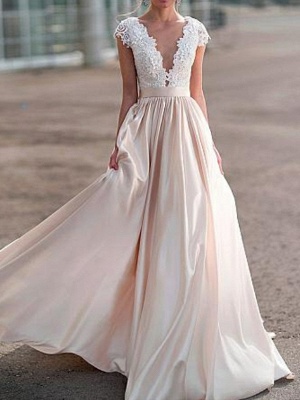 A-Line Wedding Dresses V Neck Sweep \ Brush Train Satin Cap Sleeve Romantic Illusion Detail_1