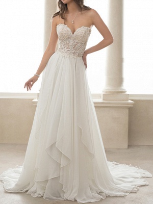 A-Line Wedding Dresses Sweetheart Neckline Sweep \ Brush Train Lace Tulle Strapless Romantic Simple Backless_1