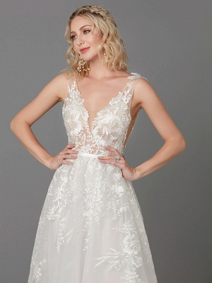 A-Line Wedding Dresses Plunging Neck Floor Length Lace Tulle Sleeveless See-Through_7