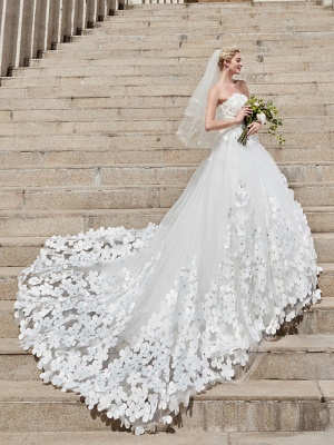 Ball Gown Wedding Dresses Strapless Court Train Tulle Strapless Country Glamorous Plus Size_8