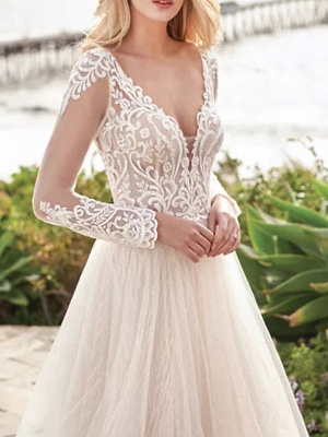 A-Line Wedding Dresses V Neck Sweep \ Brush Train Tulle Polyester Long Sleeve Country Beach Plus Size Illusion Sleeve_3
