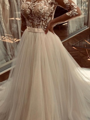 A-Line Wedding Dresses Jewel Neck Sweep \ Brush Train Lace Tulle Long Sleeve Sexy See-Through_3