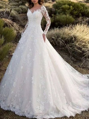 A-Line Wedding Dresses V Neck Sweep \ Brush Train Lace Long Sleeve Formal Sparkle & Shine Illusion Sleeve_1