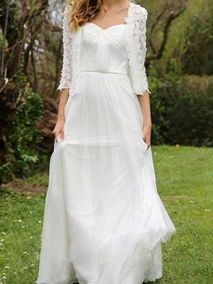 A-Line Wedding Dresses Sweetheart Neckline Floor Length Chiffon Lace Half Sleeve Simple Beach Cape_3