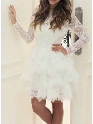 Ball Gown Wedding Dresses Jewel Neck Short \ Mini Lace Tulle Long Sleeve Casual Little White Dress See-Through_2
