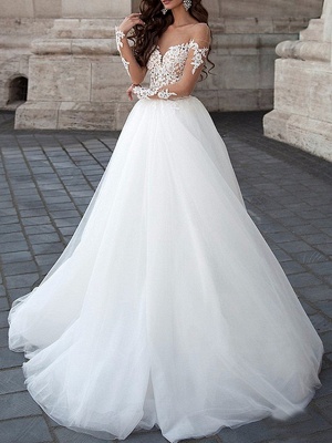 A-Line Wedding Dresses Strapless Floor Length Lace Tulle Long Sleeve Formal Illusion Sleeve_1