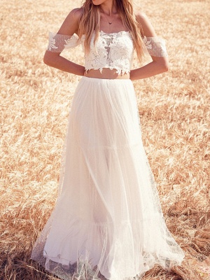 Two Piece Wedding Dresses Off Shoulder Sweep \ Brush Train Tulle Short Sleeve Beach_1