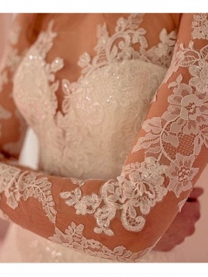 A-Line Wedding Dresses Jewel Neck Floor Length Polyester Long Sleeve Formal Boho Plus Size Illusion Sleeve_2