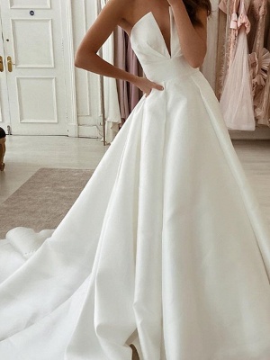 A-Line Wedding Dresses Strapless Sweep \ Brush Train Stretch Satin Sleeveless Country Plus Size_2