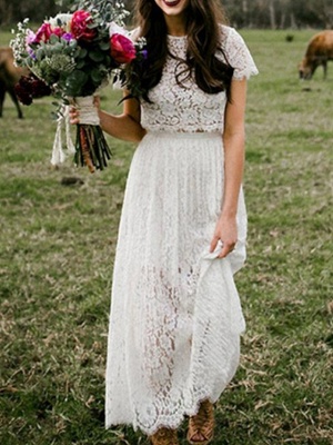 Two Piece A-Line Wedding Dresses Jewel Neck Ankle Length Lace Short Sleeve Beach Boho_1