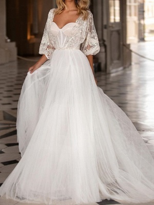 A-Line Wedding Dresses Scoop Neck Sweep \ Brush Train Polyester 3\4 Length Sleeve Country Plus Size_1